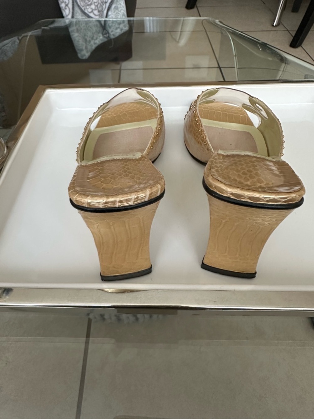 J.Renee Metallic Gold Clear Strap Mule Heels - Picture 3 of 10
